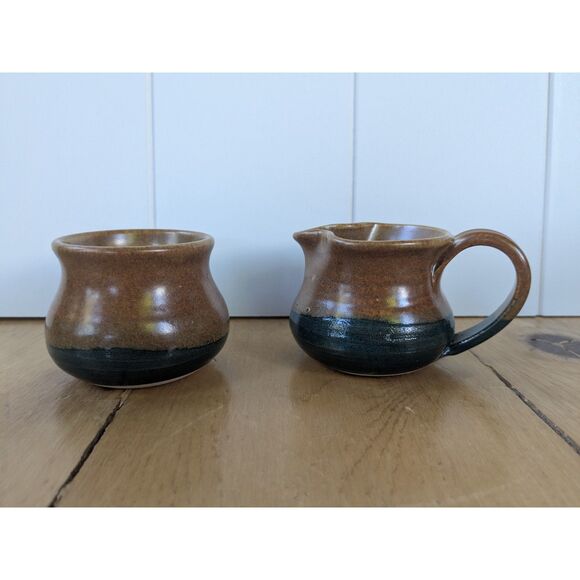 Vintage Studio Pottery 2 Pc Sugar Bowl and Creamer - Brown, Blue - Picture 1 of 6